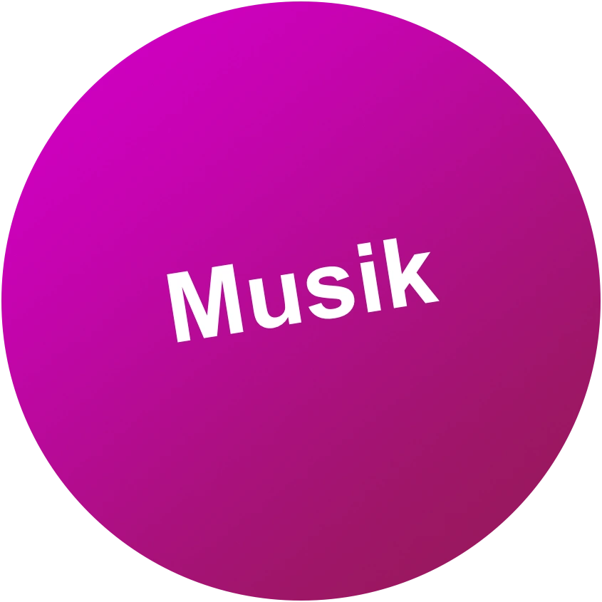 Das Bild zeigt einen violetten Kreis mit dem Text "Musik" in weißer Schrift.